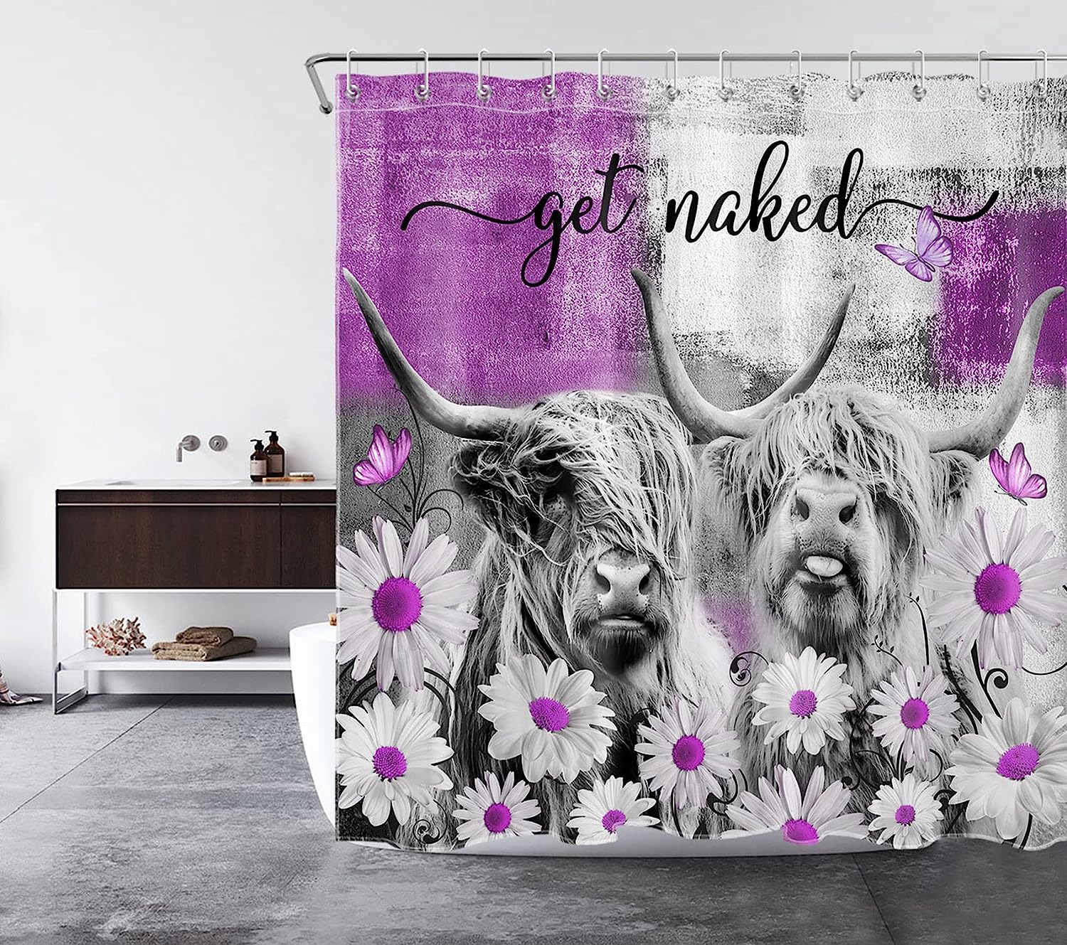 Rustic Cow Shower Curtain - Featuring a Western Animal Bull Print with Rustic Purple Daisy Flower for a Unique Bathroom