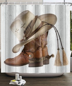 Rustic Cowboy Boots and Barn Door Shower Curtain for Bathroom Decor