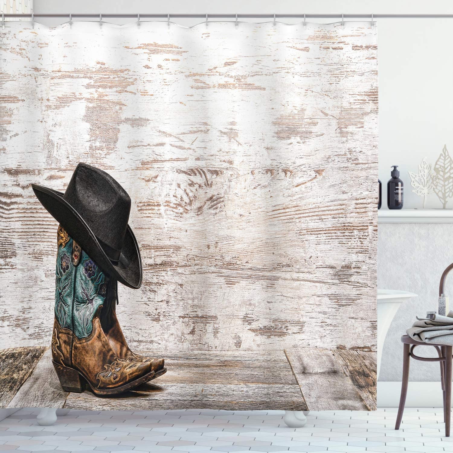 Rustic Cowboy Boots and Barn Door Shower Curtain for Bathroom Decor