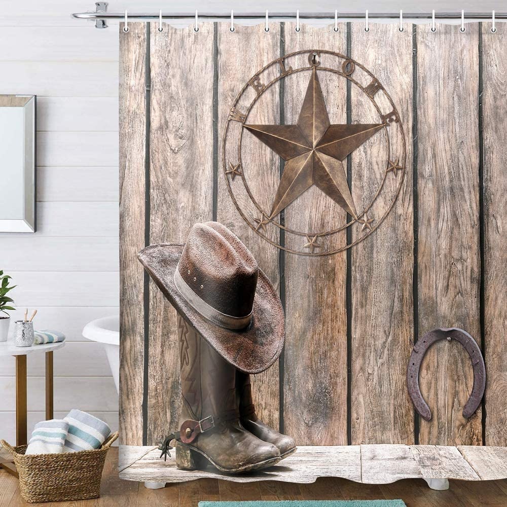 Rustic Cowboy Boots and Barn Door Shower Curtain for Bathroom Decor