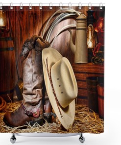 Rustic Cowboy Hat Shower Curtain - Waterproof Fabric Bathroom Shower Curtain with Western Accents