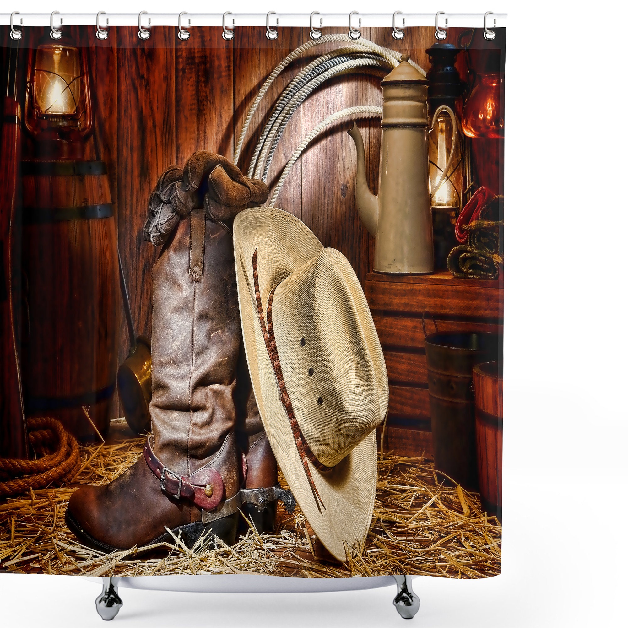 Rustic Cowboy Hat Shower Curtain - Waterproof Fabric Bathroom Shower Curtain with Western Accents