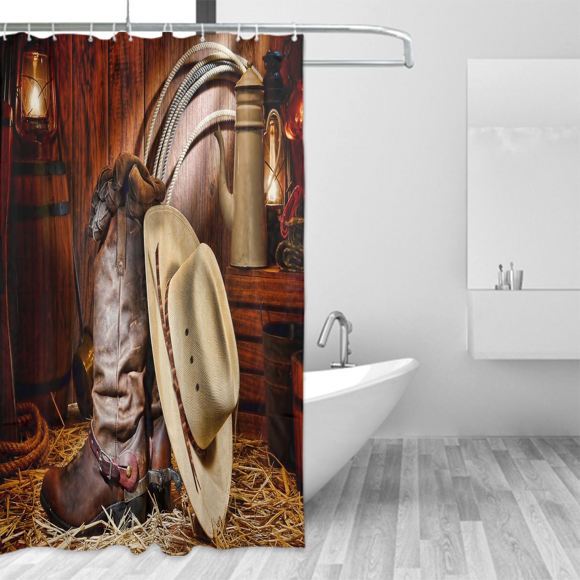 Rustic Cowboy Hat Shower Curtain - Waterproof Fabric Bathroom Shower Curtain with Western Accents