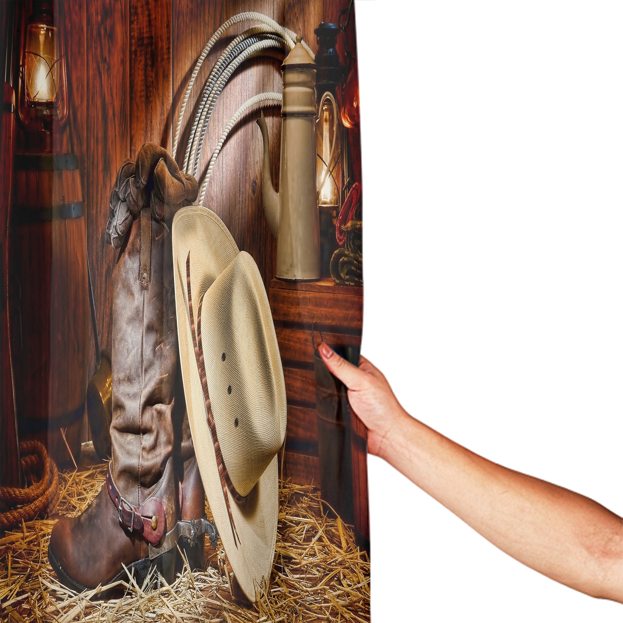 Rustic Cowboy Hat Shower Curtain - Waterproof Fabric Bathroom Shower Curtain with Western Accents