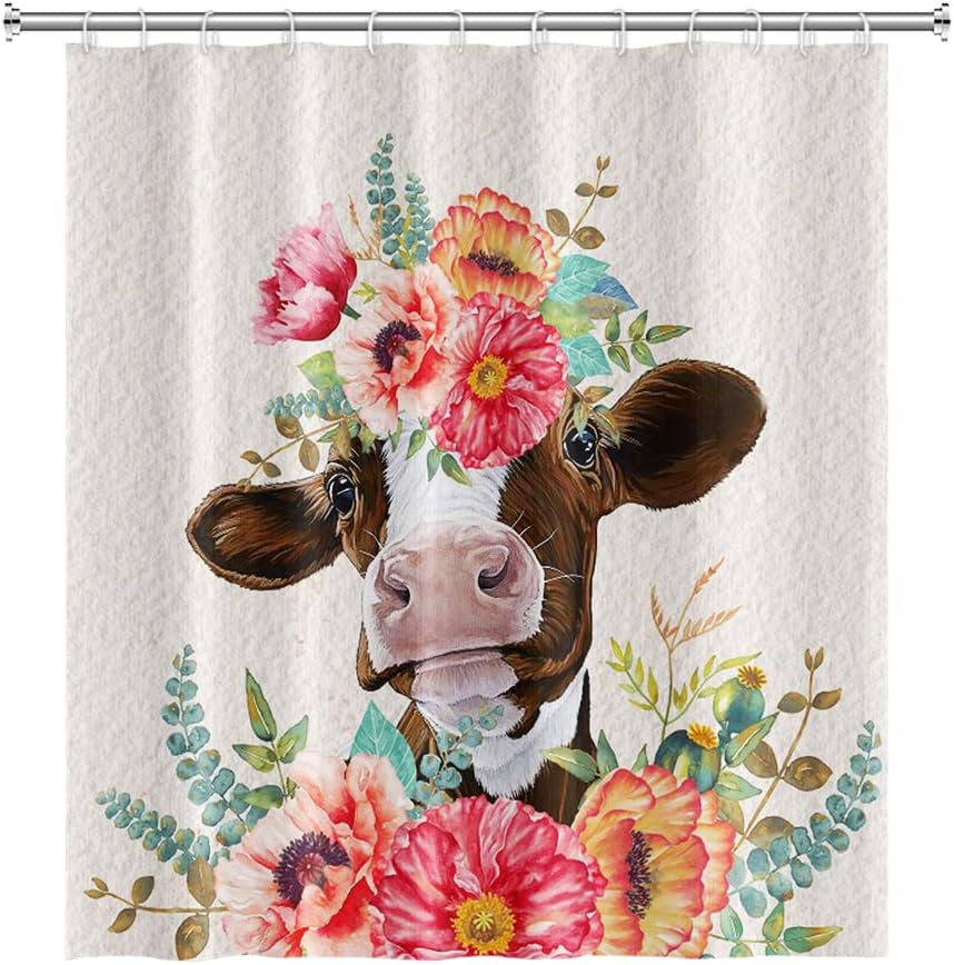Rustic Cute Cow Shower Curtain for Farmhouse Bathroom Decor with Animals Floral & Funny Prints