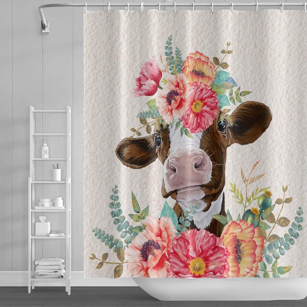 Rustic Cute Cow Shower Curtain for Farmhouse Bathroom Decor with Animals Floral & Funny Prints
