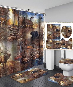 Rustic Deer Bear Cabin Full Size Shower Curtain - Fall Tree Forest Animal Wild Duck Tranquil Lake Natural