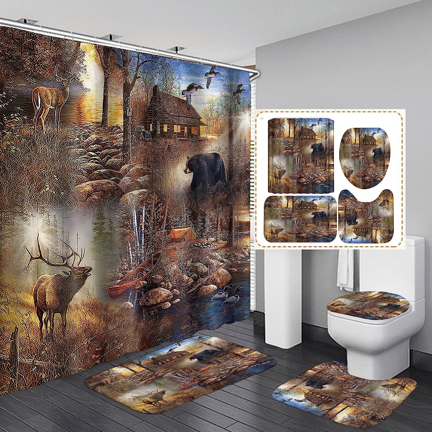 Rustic Deer Bear Cabin Full Size Shower Curtain - Fall Tree Forest Animal Wild Duck Tranquil Lake Natural