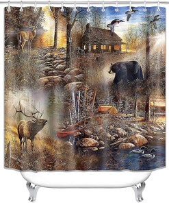 Rustic Deer Bear Cabin Full Size Shower Curtain - Fall Tree Forest Animal Wild Duck Tranquil Lake Natural