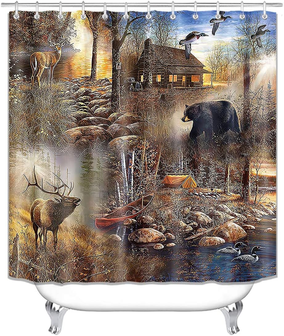 Rustic Deer Bear Cabin Full Size Shower Curtain - Fall Tree Forest Animal Wild Duck Tranquil Lake Natural
