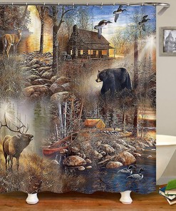 Rustic Deer Bear Cabin Full Size Shower Curtain - Fall Tree Forest Animal Wild Duck Tranquil Lake Natural