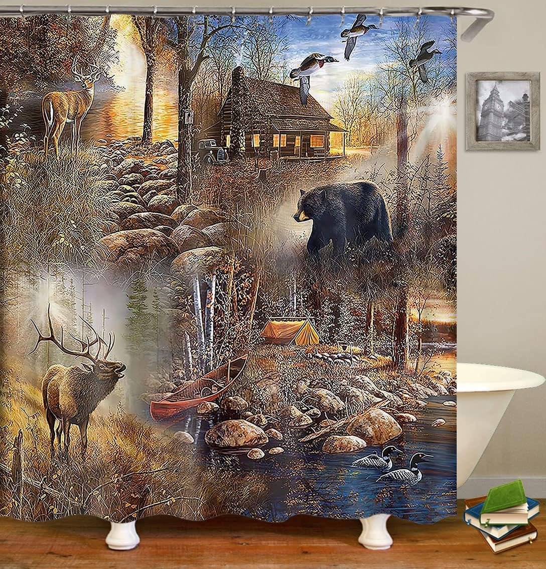 Rustic Deer Bear Cabin Full Size Shower Curtain - Fall Tree Forest Animal Wild Duck Tranquil Lake Natural