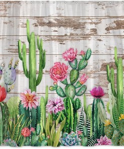 Rustic Desert Style Shower Curtain - Cactus Succulent Plant Western Mexican Floral Design