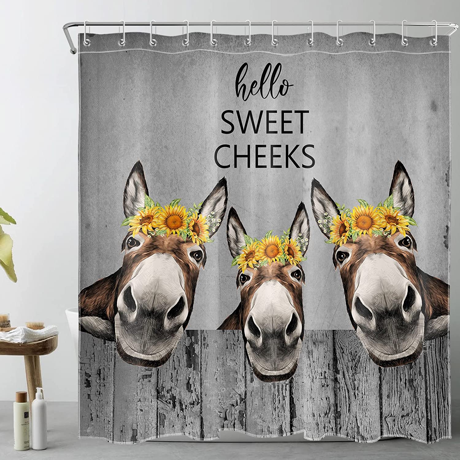 Rustic Donkey Sunflower Shower Curtain - Farmhouse Bathroom Decor