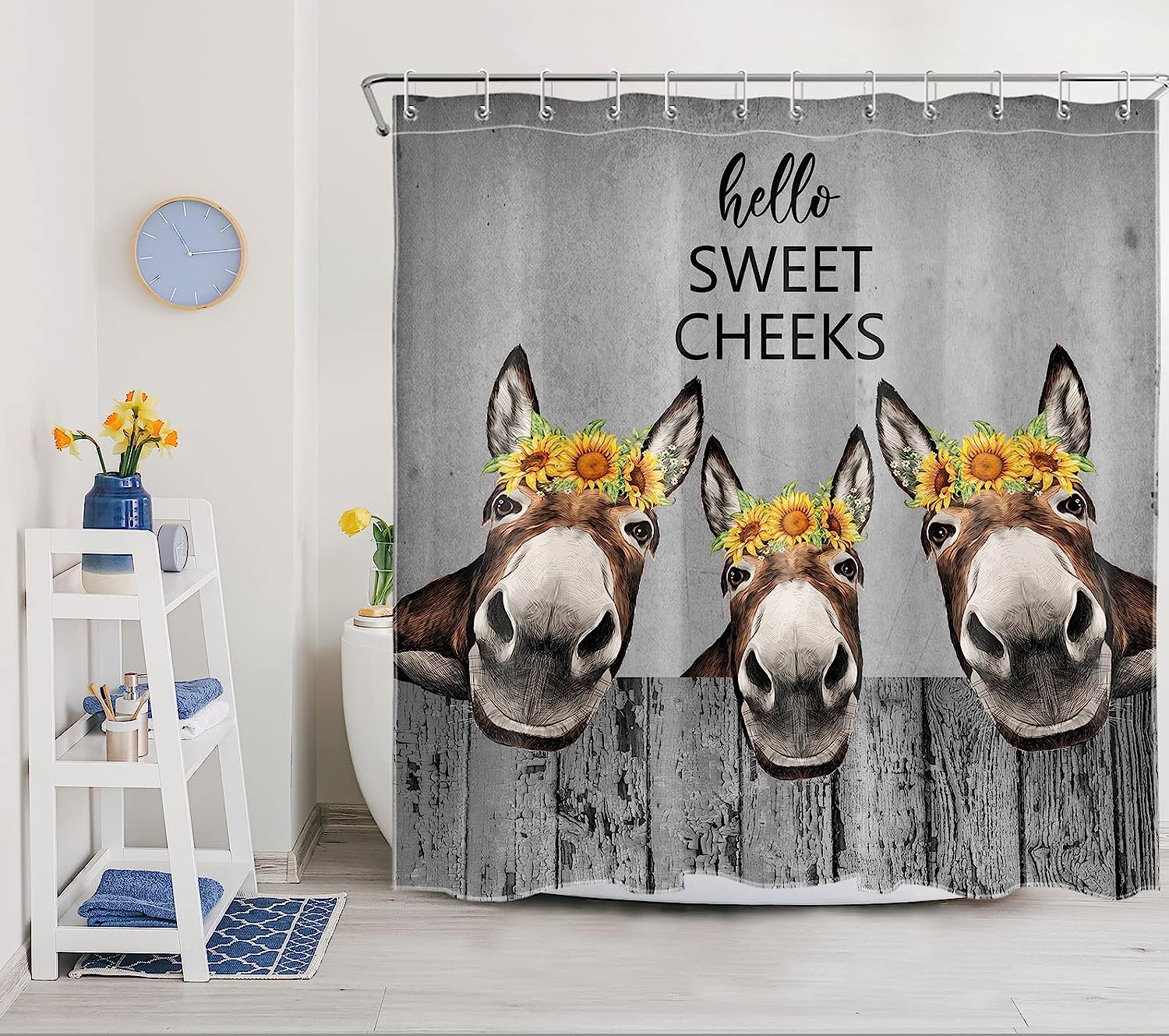 Rustic Donkey Sunflower Shower Curtain - Farmhouse Bathroom Decor
