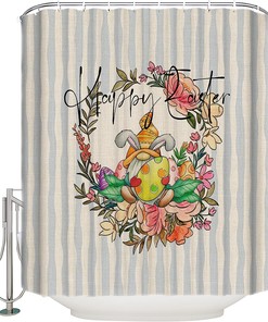 Rustic Easter Floral Blue Stripes Shower Curtain - LB Gnome Bathtub Curtainses