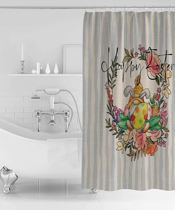 Rustic Easter Floral Blue Stripes Shower Curtain - LB Gnome Bathtub Curtainses