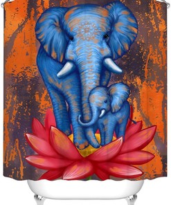 Rustic Elephant Shower Curtain Retro Burnt Orange Fabric for Bathroom Decor