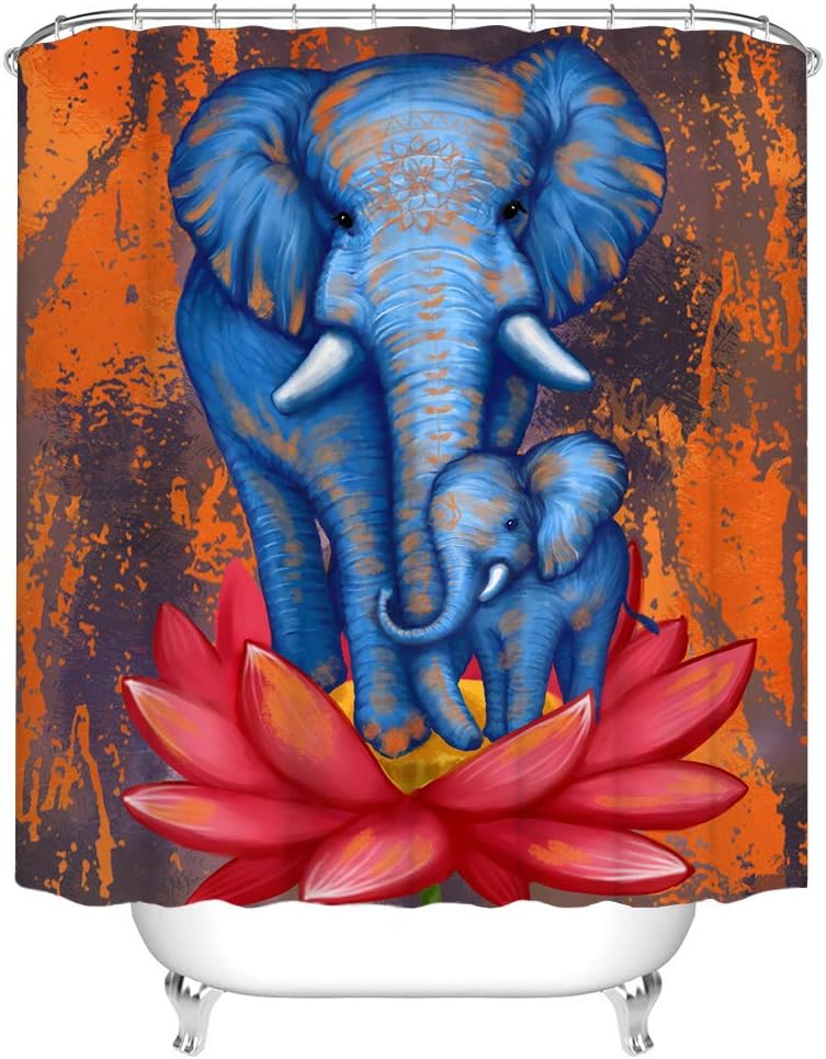 Rustic Elephant Shower Curtain Retro Burnt Orange Fabric for Bathroom Decor