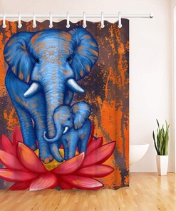 Rustic Elephant Shower Curtain Retro Burnt Orange Fabric for Bathroom Decor