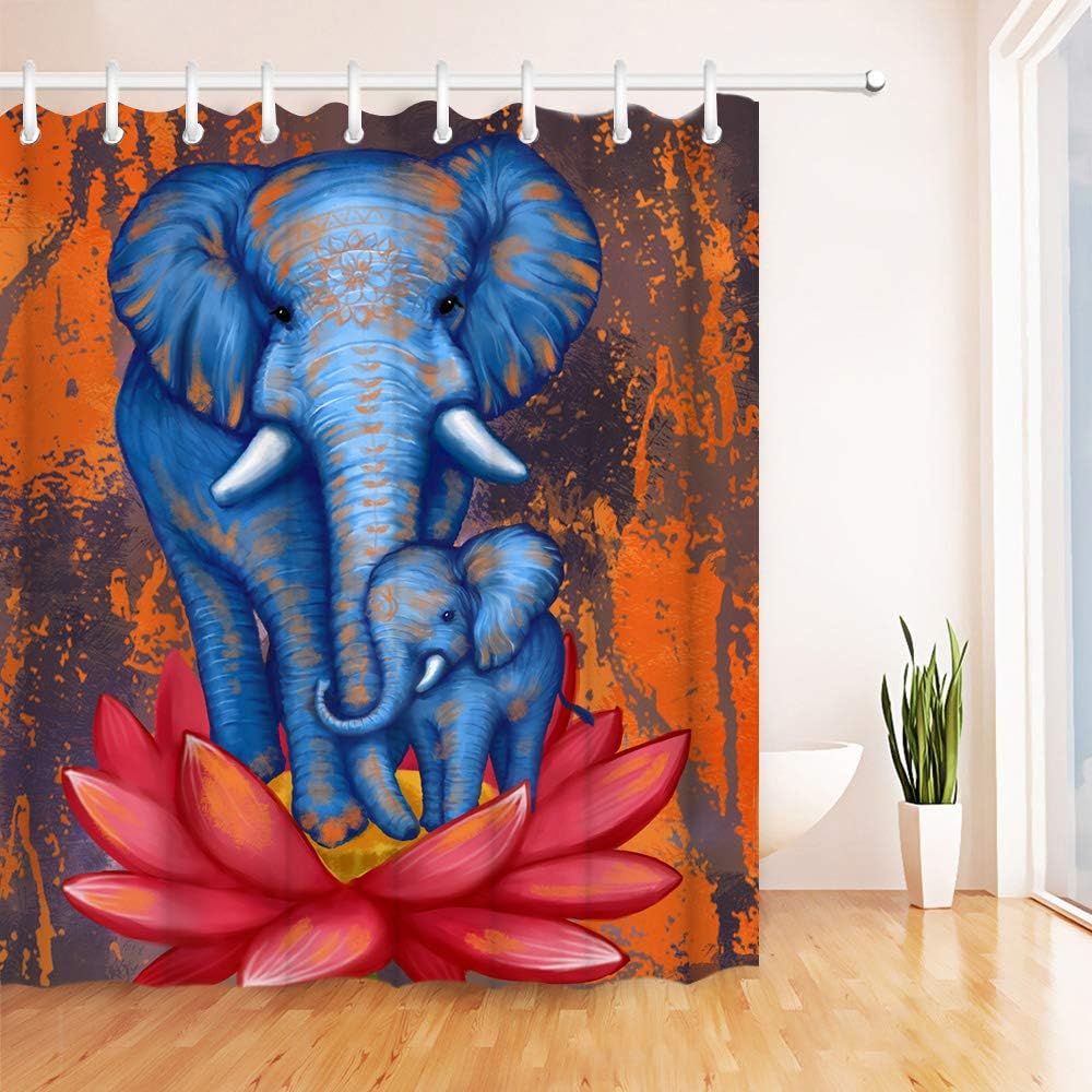 Rustic Elephant Shower Curtain Retro Burnt Orange Fabric for Bathroom Decor