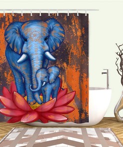 Rustic Elephant Shower Curtain Retro Burnt Orange Fabric for Bathroom Decor