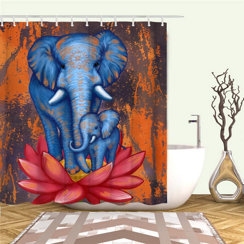 Rustic Elephant Shower Curtain Retro Burnt Orange Fabric for Bathroom Decor
