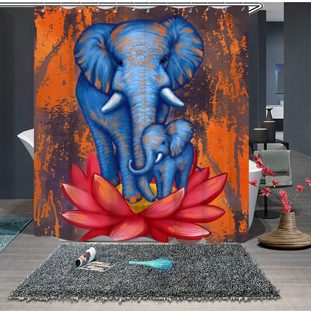 Rustic Elephant Shower Curtain Retro Burnt Orange Fabric for Bathroom Decor