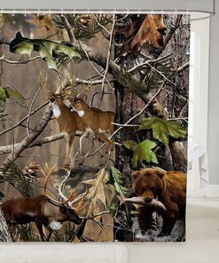 Rustic Elk Deer Bath Curtain With Botanical Leaves, Bathroom Decorr 