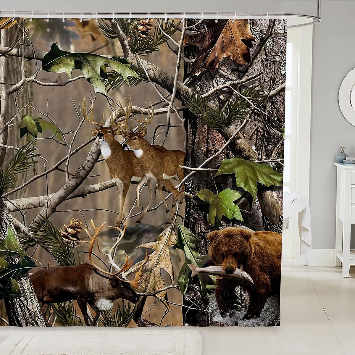 Rustic Elk Deer Bath Curtain With Botanical Leaves, Bathroom Decorr