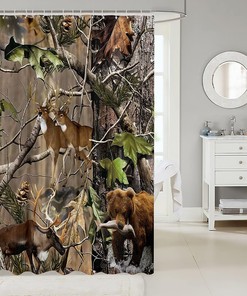 Rustic Elk Deer Bath Curtain With Botanical Leaves, Bathroom Decorr