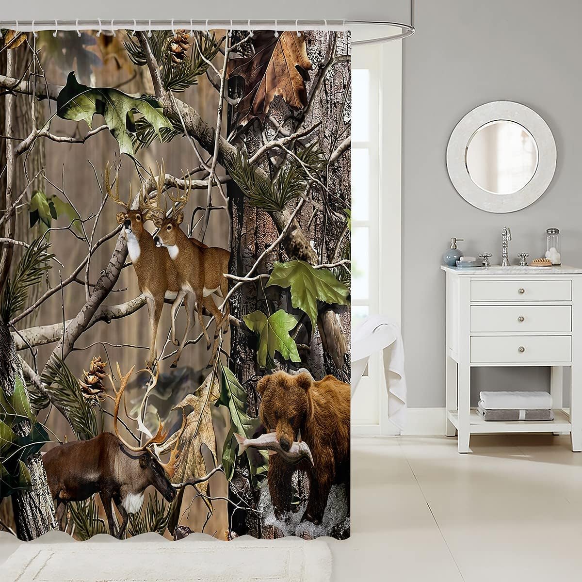 Rustic Elk Deer Bath Curtain With Botanical Leaves, Bathroom Decorr