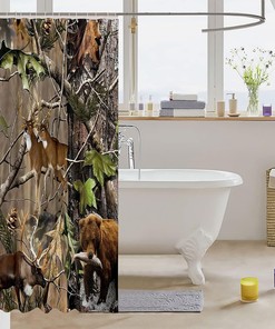 Rustic Elk Deer Bath Curtain With Botanical Leaves, Bathroom Decorr