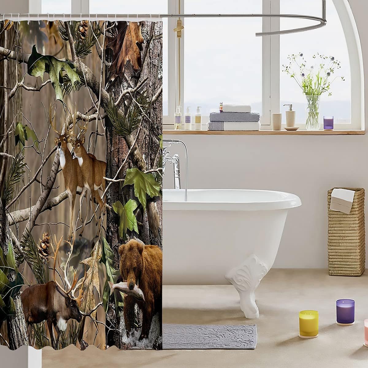 Rustic Elk Deer Bath Curtain With Botanical Leaves, Bathroom Decorr