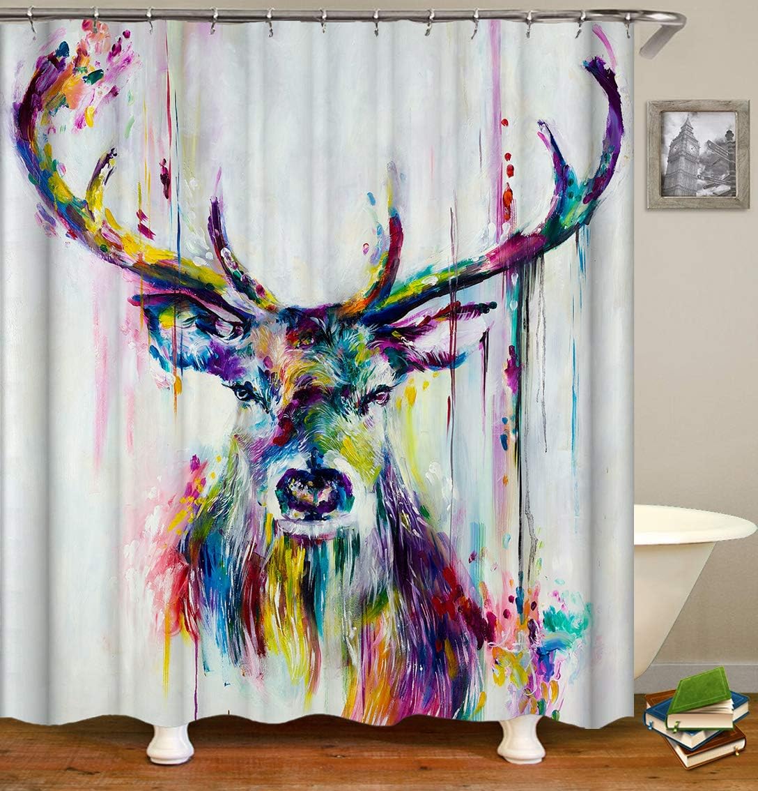 Rustic Elk Moose Deer Animal Decor Shower Curtain - Vintage Oil Painting Style Design
