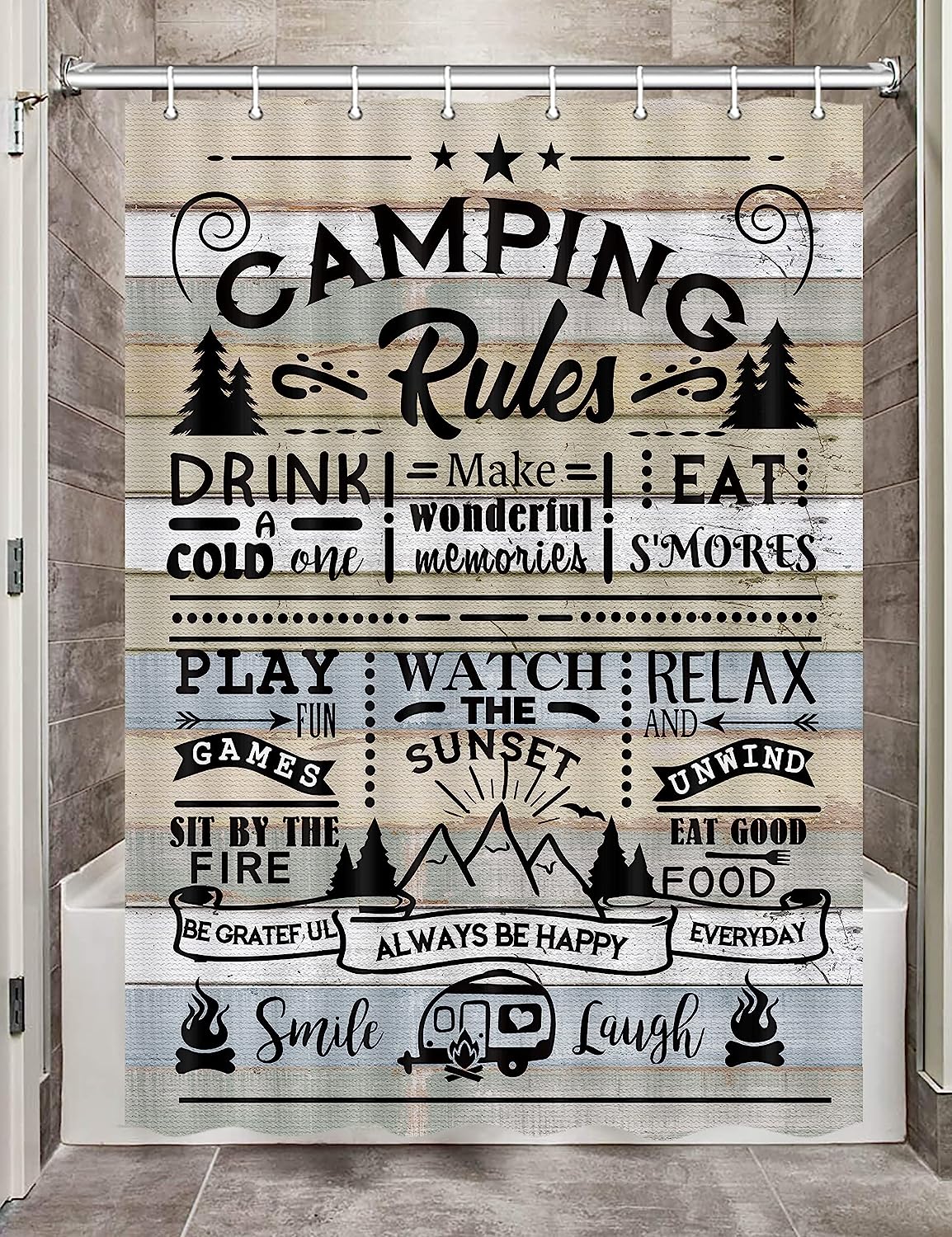 Rustic Fabric Shower Curtain With Farmhouse Camping Rules Quote, Perfect For Adding A Cozy Touch