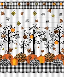 Rustic Fall Decor Autumn Pumpkin Shower Curtain with Farmhouse Plaid Tree Print 