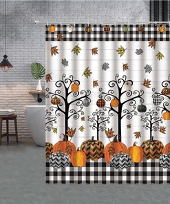 Rustic Fall Decor Autumn Pumpkin Shower Curtain with Farmhouse Plaid Tree Print