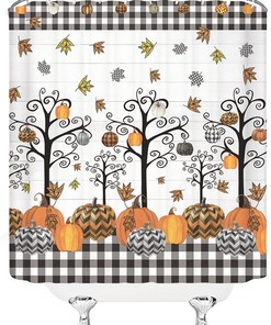 Rustic Fall Decor Autumn Pumpkin Shower Curtain with Farmhouse Plaid Tree Print 