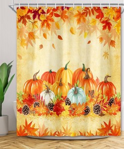 Rustic Fall Shower Curtain With Pine Nuts Maple Leaf Leaves Pumpkin For Farmhouse Bathroom Decor