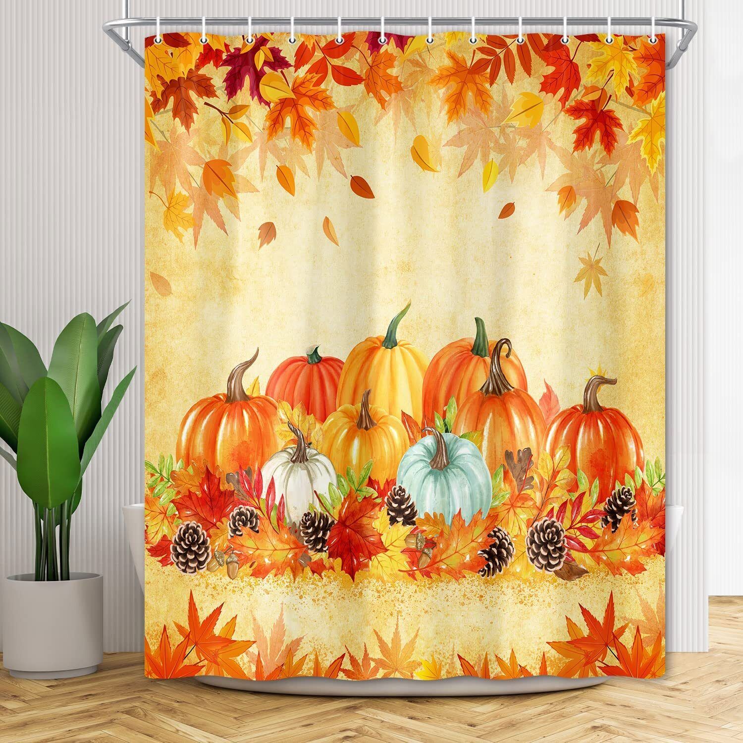 Rustic Fall Shower Curtain With Pine Nuts Maple Leaf Leaves Pumpkin For Farmhouse Bathroom Decor