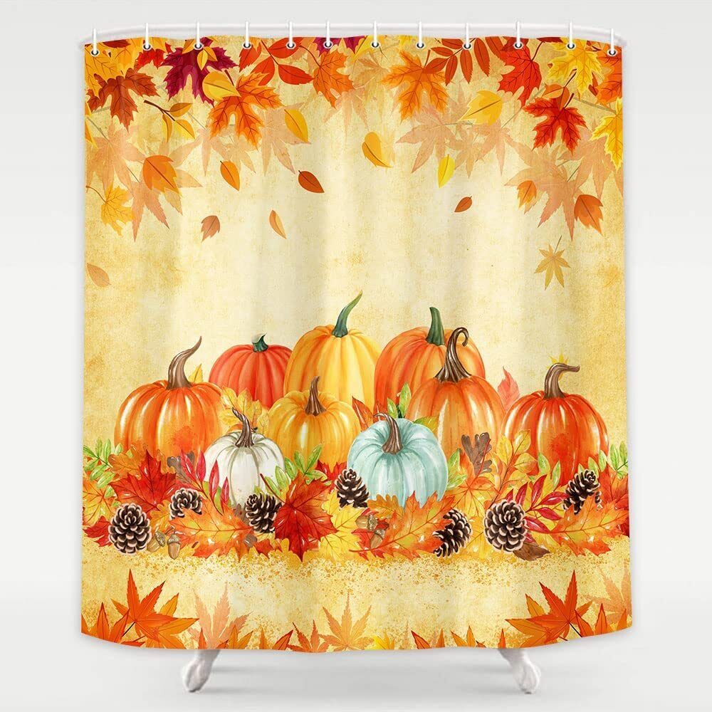 Rustic Fall Shower Curtain With Pine Nuts Maple Leaf Leaves Pumpkin For Farmhouse Bathroom Decor