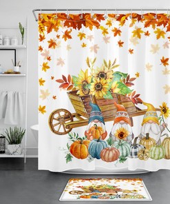 Rustic Fall Shower Curtain with Sunflower, Pumpkin, and Gnome Prints