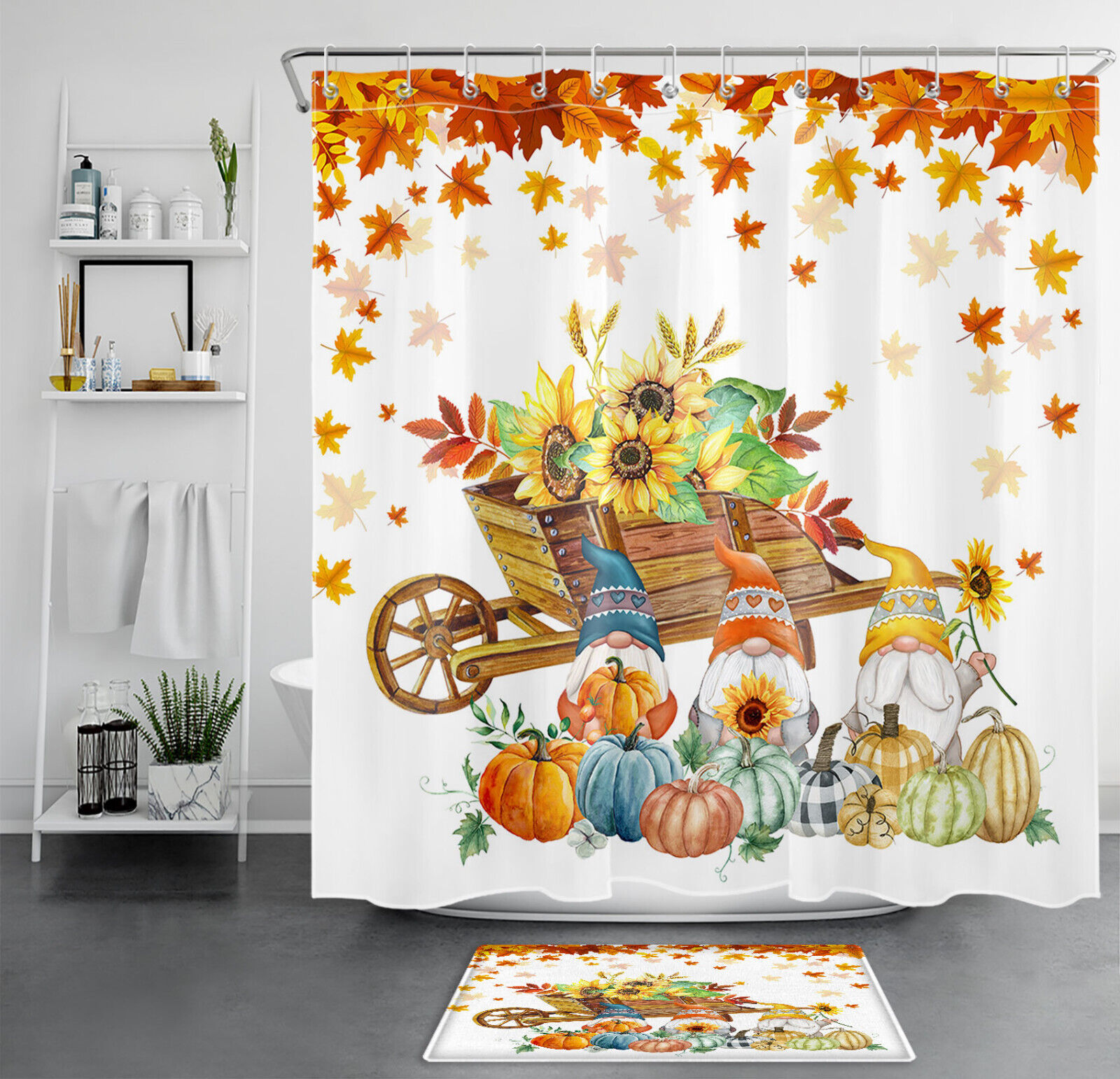 Rustic Fall Shower Curtain with Sunflower, Pumpkin, and Gnome Prints