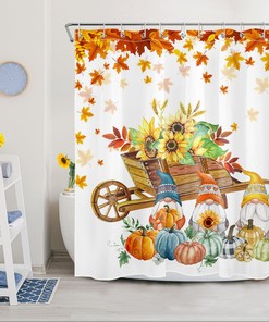 Rustic Fall Shower Curtain with Sunflower, Pumpkin, and Gnome Prints