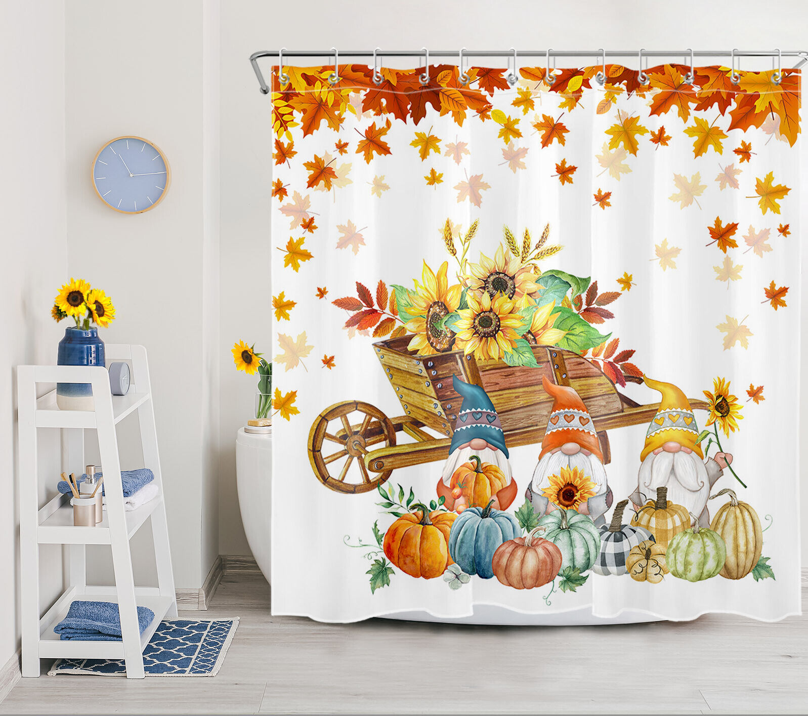 Rustic Fall Shower Curtain with Sunflower, Pumpkin, and Gnome Prints