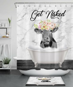 Rustic Farm Cow Print Shower Curtain With Floral Accents
