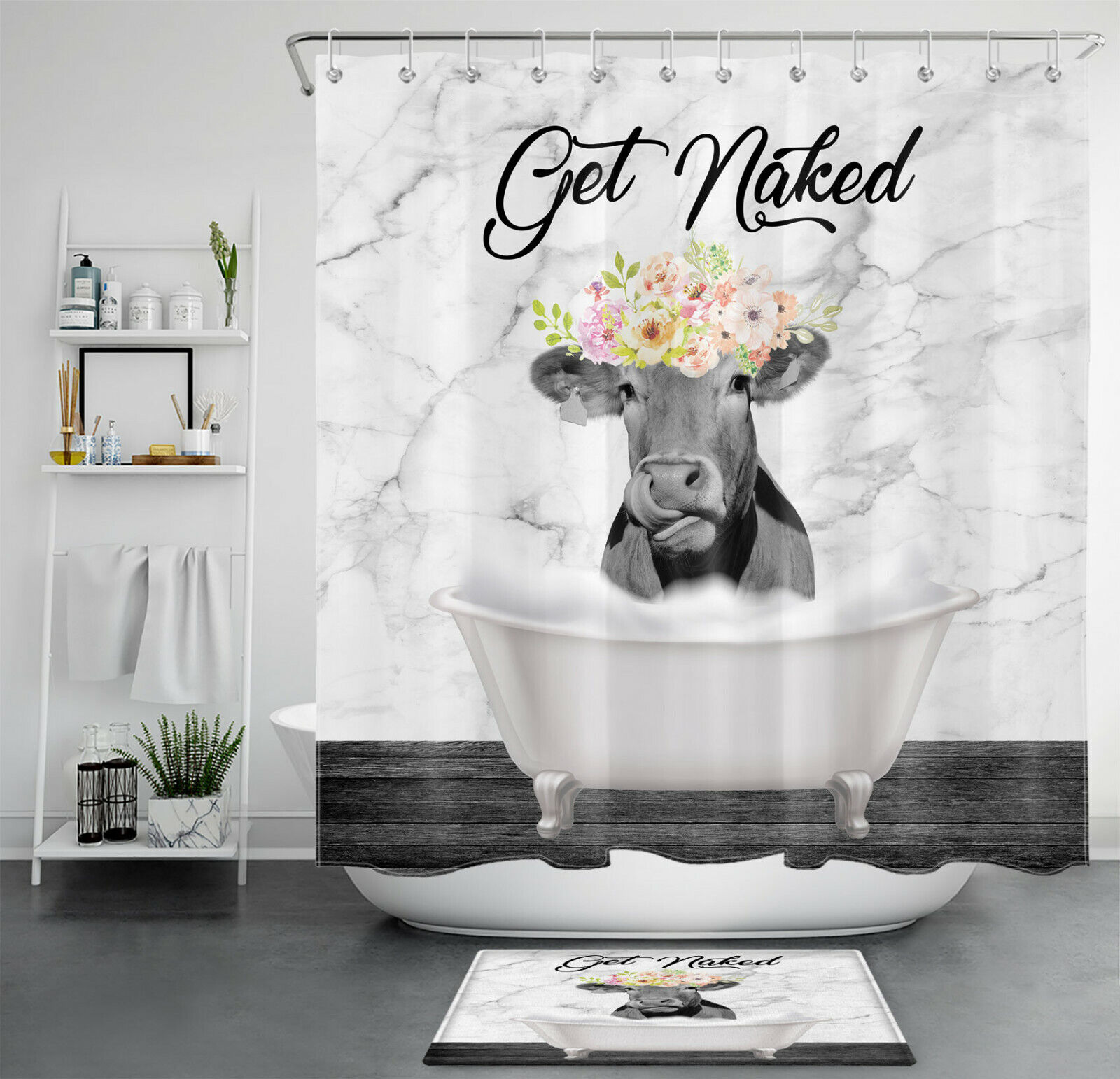 Rustic Farm Cow Print Shower Curtain With Floral Accents