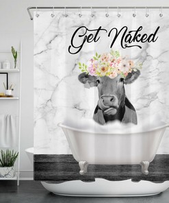 Rustic Farm Cow Print Shower Curtain With Floral Accents