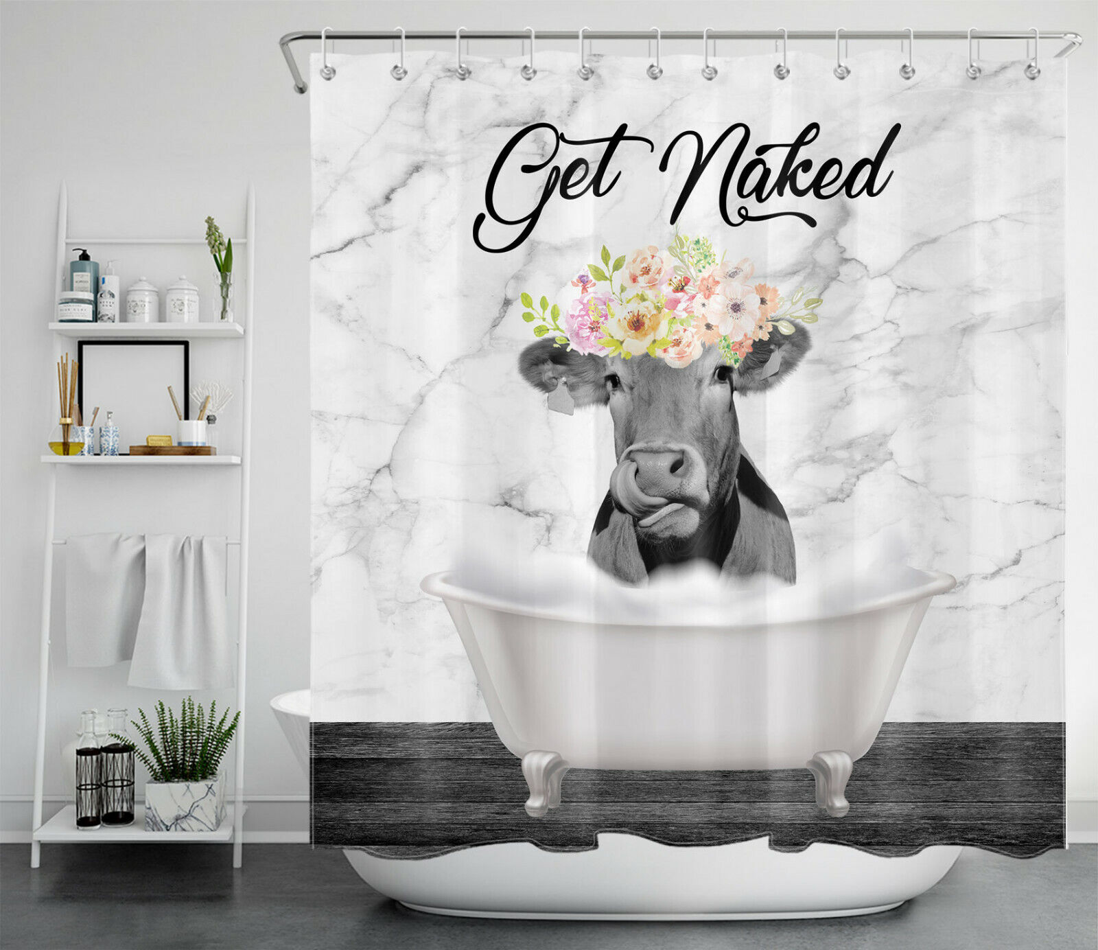 Rustic Farm Cow Print Shower Curtain With Floral Accents